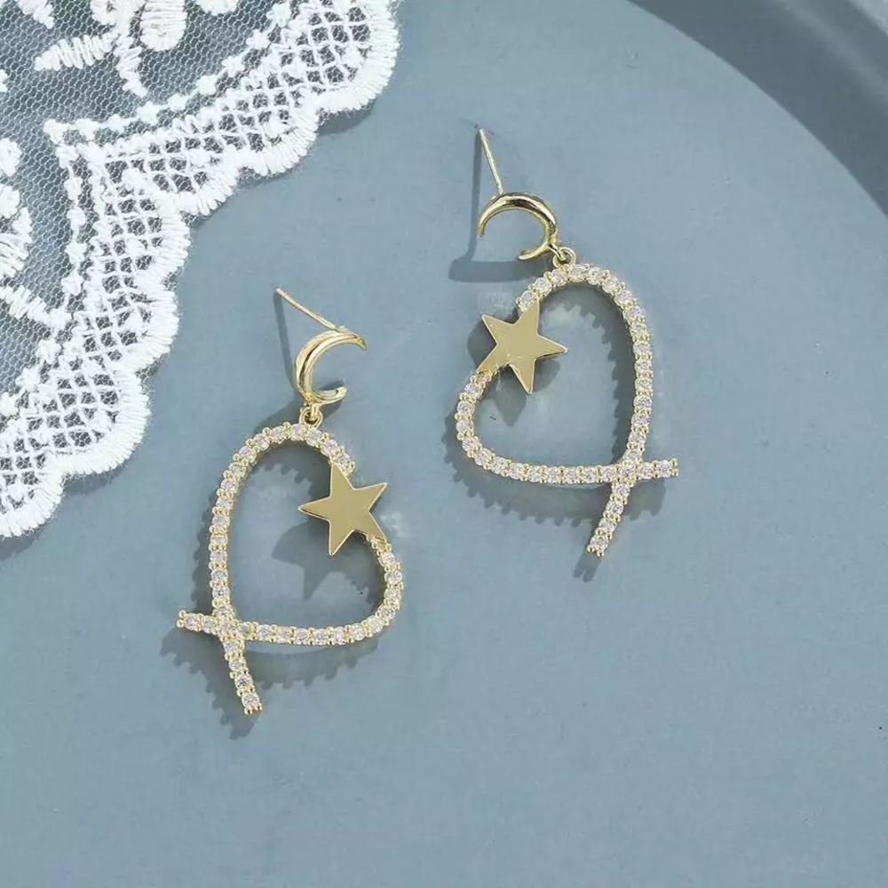 Crystal Heart Star Moon Stud Drop Earrings